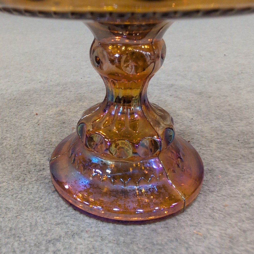 Vintage Indiana Glass Kings Crown Amber Carnival Glass Compote Iridescent Bowl - Picture 5 of 7